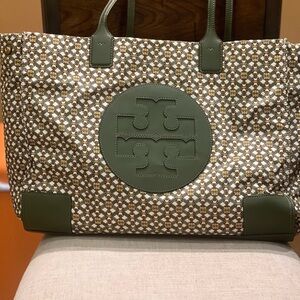 Large Nylon Tory Burch Geometric Green and Brown Tote